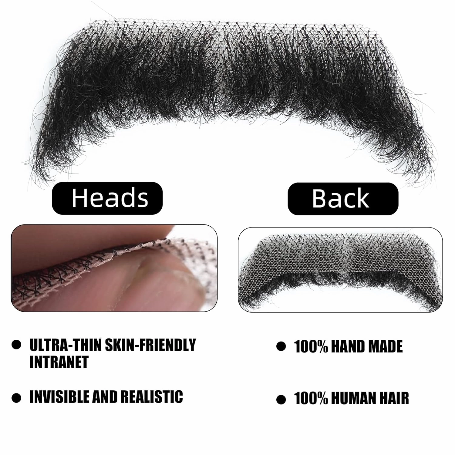 Natural Realistic 100% Human Hair Fake Beard & Mustache - Handmade Invisible Lace Facial Hair for Costume/Entertainment/Drama/Parties/Cosplay/Halloween/Film Makeup (Black, 3-1)