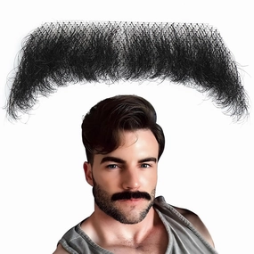 Natural Realistic 100% Human Hair Fake Beard & Mustache - Handmade Invisible Lace Facial Hair for Costume/Entertainment/Drama/Parties/Cosplay/Halloween/Film Makeup (Black, 3-1)
