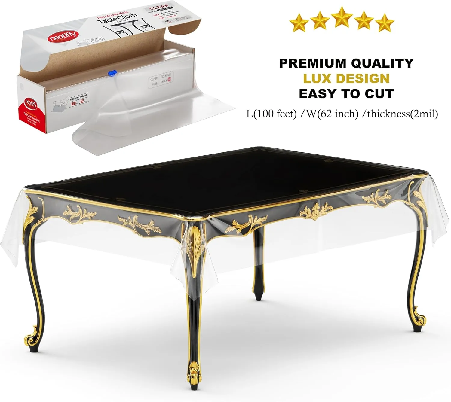 Neatiffy 62 in x 100 ft - Clear Disposable/Reusable Plastic Table Cloth Roll with Slide Cutter | Waterproof Covers Any Size or Shape