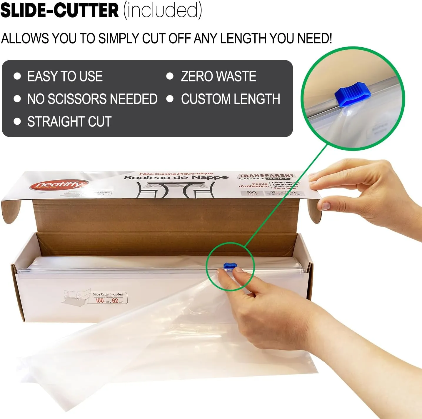 Neatiffy 62 in x 100 ft - Clear Disposable/Reusable Plastic Table Cloth Roll with Slide Cutter | Waterproof Covers Any Size or Shape
