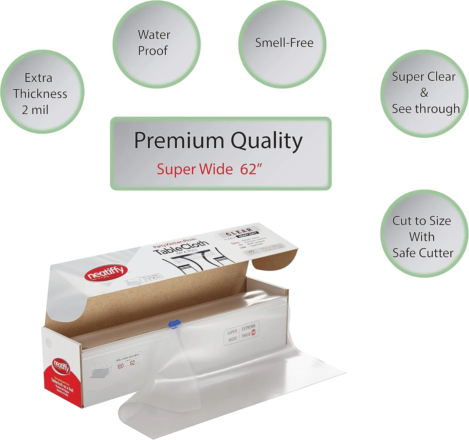Neatiffy 62 in x 100 ft - Clear Disposable/Reusable Plastic Table Cloth Roll with Slide Cutter | Waterproof Covers Any Size or Shape
