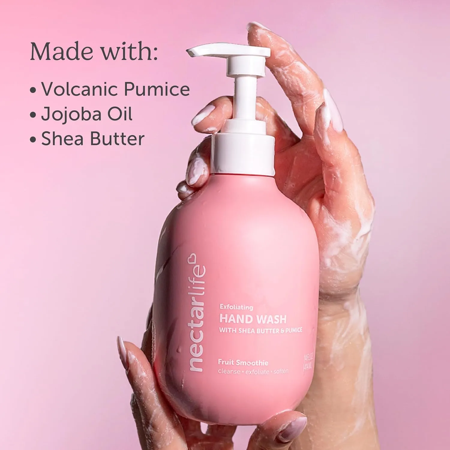 Nectar Life Hand Wash 14oz, Exfoliating, Moisturizing, Vegan, Clean Hand Wash Scrub with Volcanic Pumice & Shea Butter, Food Smell Eliminator (Fruit Smoothie)