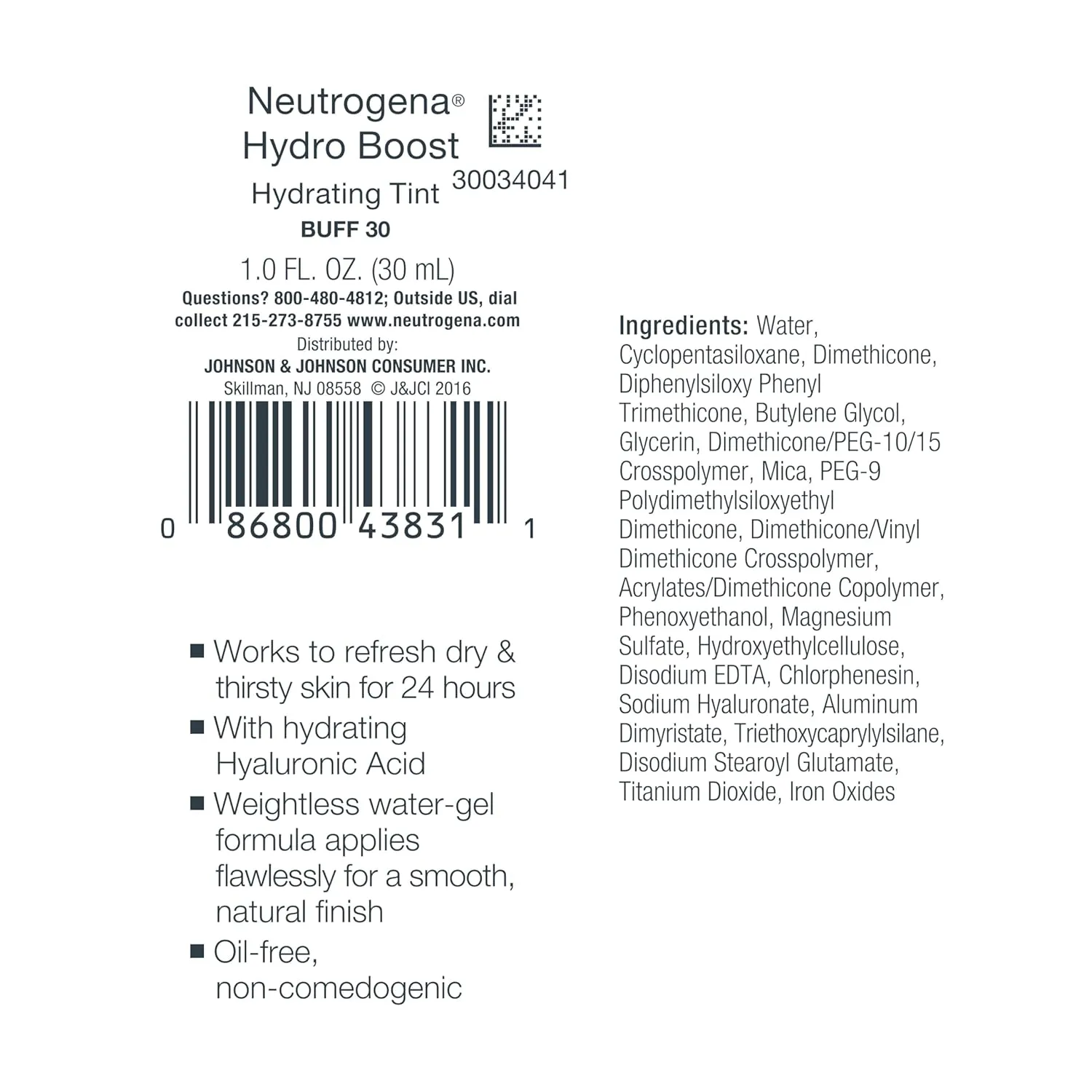 Neutrogena Hydro Boost Hydrating Tint with Hyaluronic Acid, Lightweight Water Gel Formula, Moisturizing, Oil-Free & Non-Comedogenic Liquid Foundation Makeup, 30 Buff Color, 1.0 fl. oz