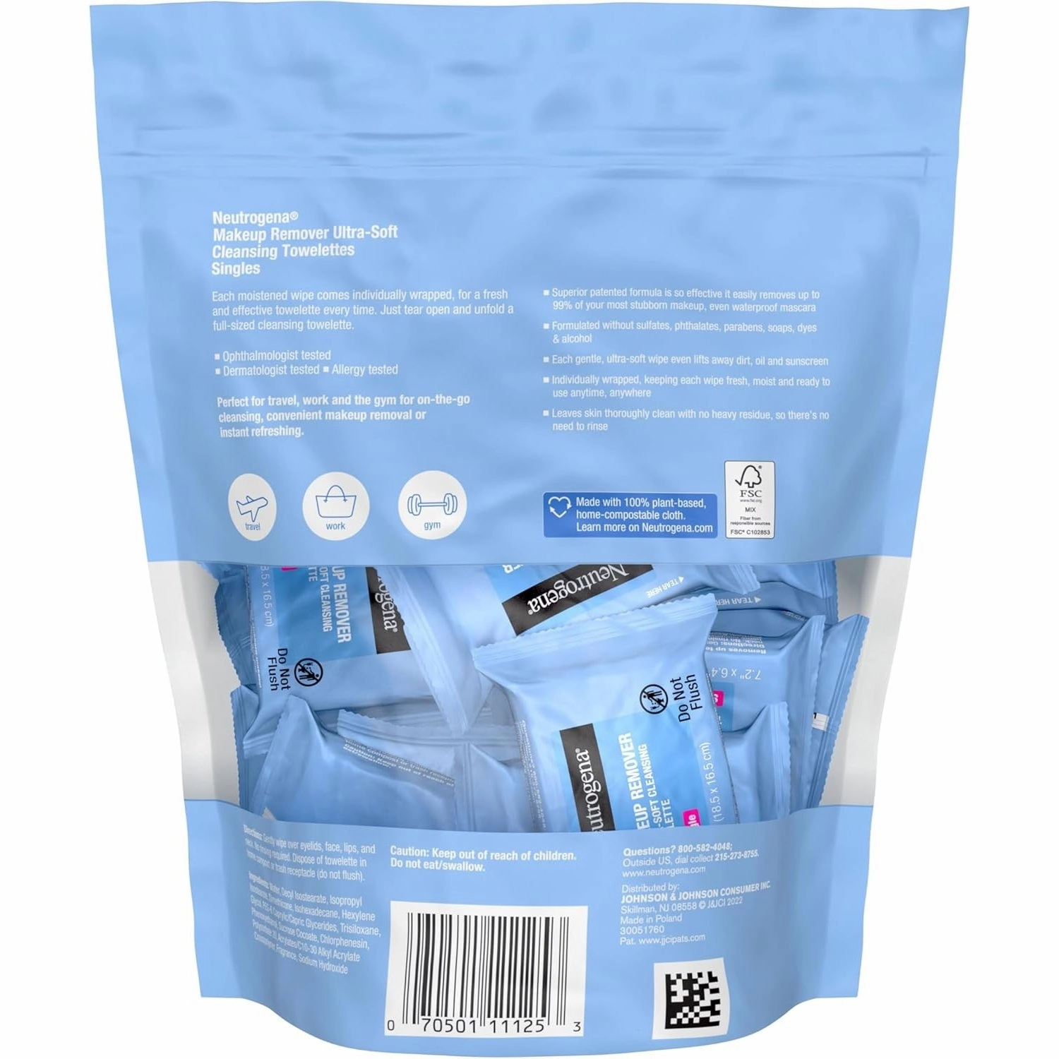 Neutrogena Facial Cleansing Towelette Singles, Daily Face Wipes to Remove Dirt, Oil, Makeup & Waterproof Mascara, Gentle, Alcohol-Free, Individually Wrapped, 20 Count