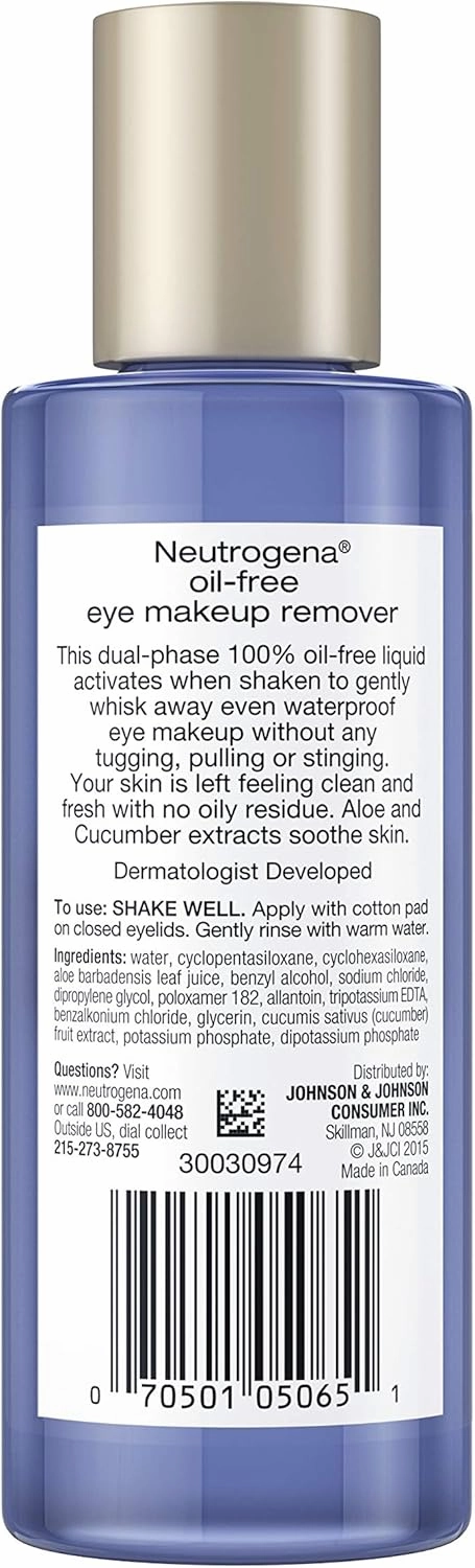 Neutrogena Oil-Free Liquid Eye Makeup Remover, Residue-Free, Non-Greasy, Gentle & Skin-Soothing Makeup Remover Solution with Aloe & Cucumber Extract for Waterproof Mascara, 5.5 fl. Oz (Pack of 4)