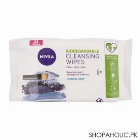 Nivea Biodegradable Face-Eyes-Lips Normal Skin Cleansing Wipes, Removes Even Waterproof Makeup, 25-Pack