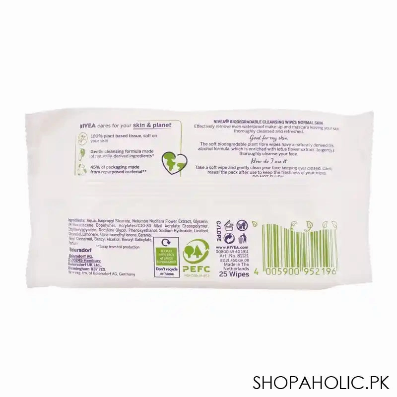 Nivea Biodegradable Face-Eyes-Lips Normal Skin Cleansing Wipes, Removes Even Waterproof Makeup, 25-Pack