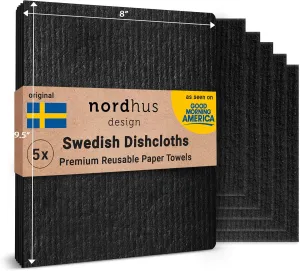 Nordhus Design Large Swedish Dishcloths, 5 Black Cloths, Made in Sweden - 9.5x8 inch Reusable, Washable Cellulose Cotton Kitchen Cloths - Replace Paper Towels, Wipes, Sponges, Dish Rags
