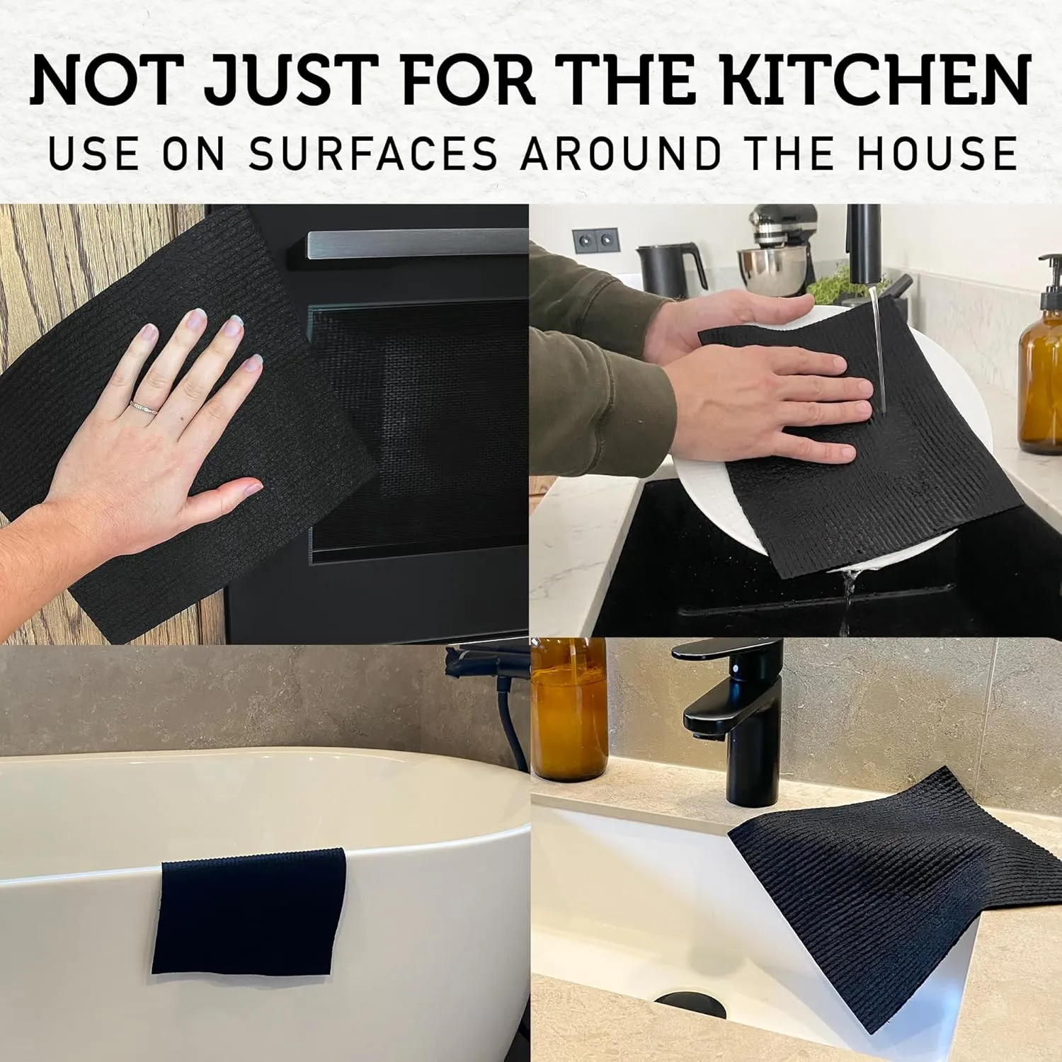 Nordhus Design Large Swedish Dishcloths, 5 Black Cloths, Made in Sweden - 9.5x8 inch Reusable, Washable Cellulose Cotton Kitchen Cloths - Replace Paper Towels, Wipes, Sponges, Dish Rags
