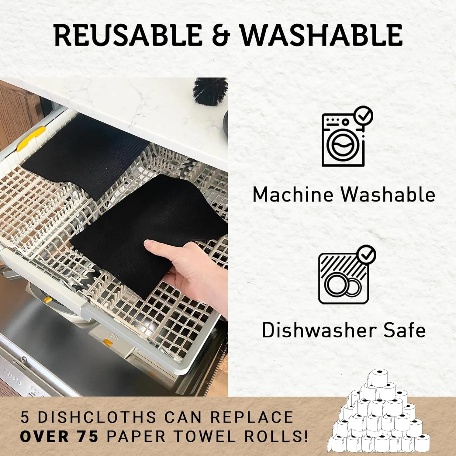 Nordhus Design Large Swedish Dishcloths, 5 Black Cloths, Made in Sweden - 9.5x8 inch Reusable, Washable Cellulose Cotton Kitchen Cloths - Replace Paper Towels, Wipes, Sponges, Dish Rags