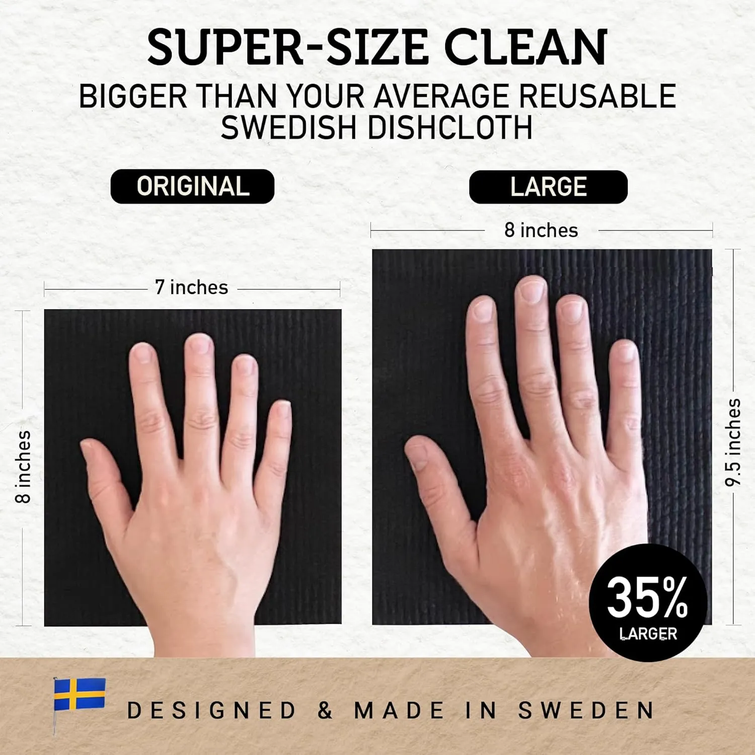 Nordhus Design Large Swedish Dishcloths, 5 Black Cloths, Made in Sweden - 9.5x8 inch Reusable, Washable Cellulose Cotton Kitchen Cloths - Replace Paper Towels, Wipes, Sponges, Dish Rags