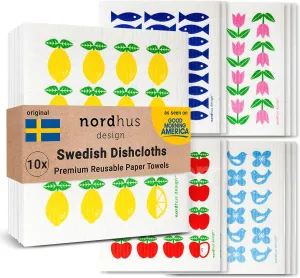 Nordhus Design Swedish Dishcloths, 10 Reusable Paper Towels, Made in Sweden - Reusable, Washable Cellulose Cotton Kitchen Cloths - Biodegradable, Absorbent & Quick Drying
