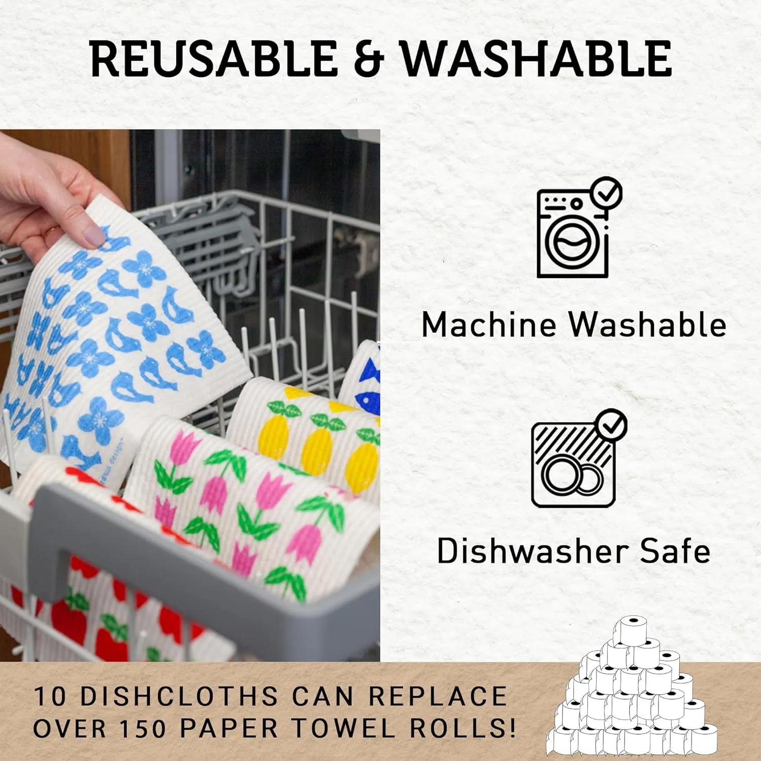 Nordhus Design Swedish Dishcloths, 10 Reusable Paper Towels, Made in Sweden - Reusable, Washable Cellulose Cotton Kitchen Cloths - Biodegradable, Absorbent & Quick Drying