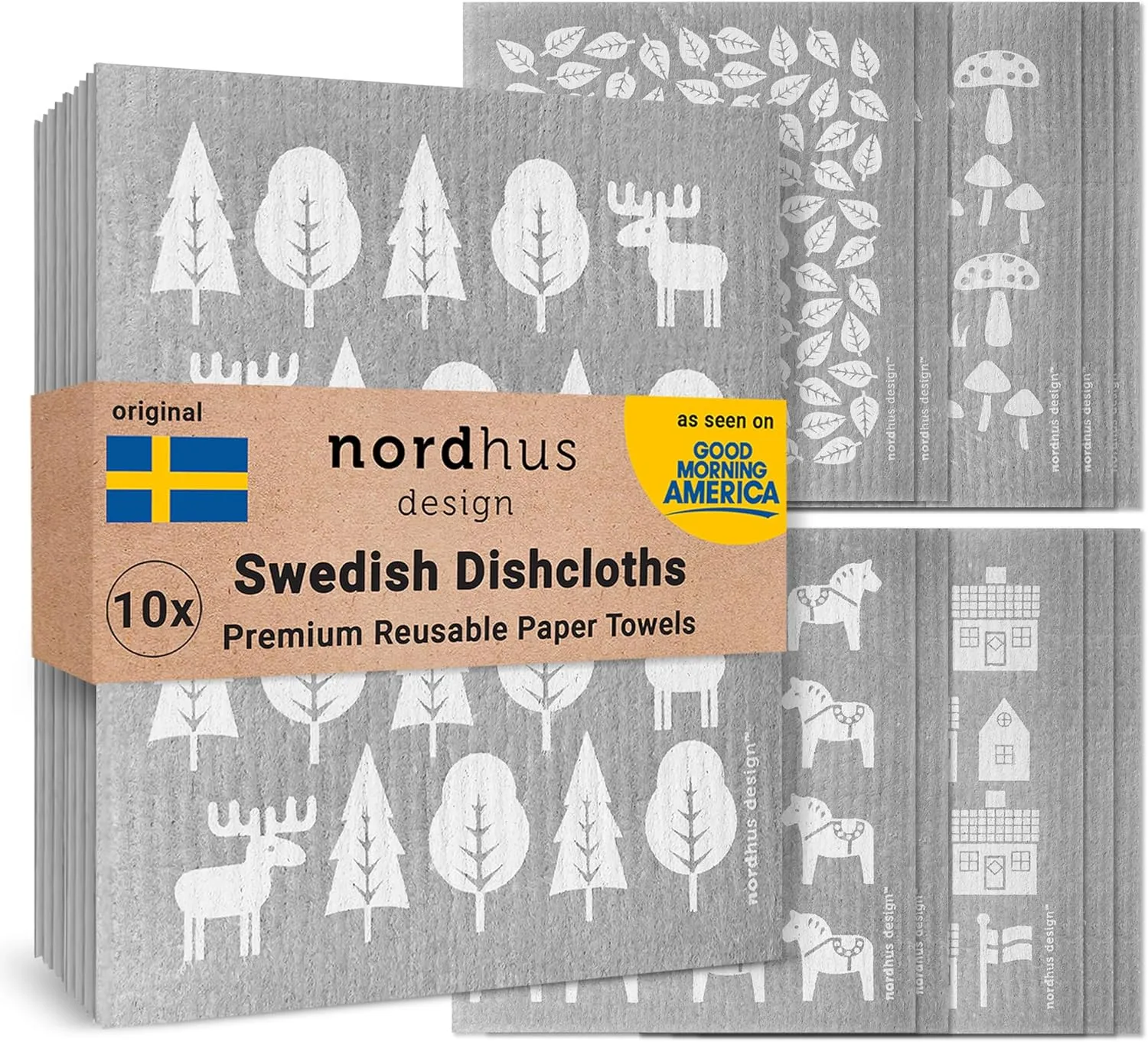 Nordhus Design Swedish Dishcloths,10 Grey Cloths, Made in Sweden - Reusable, Washable Cellulose Cotton Kitchen Cloths - Replace Paper Towels, Wipes, Sponges, Dish Rags