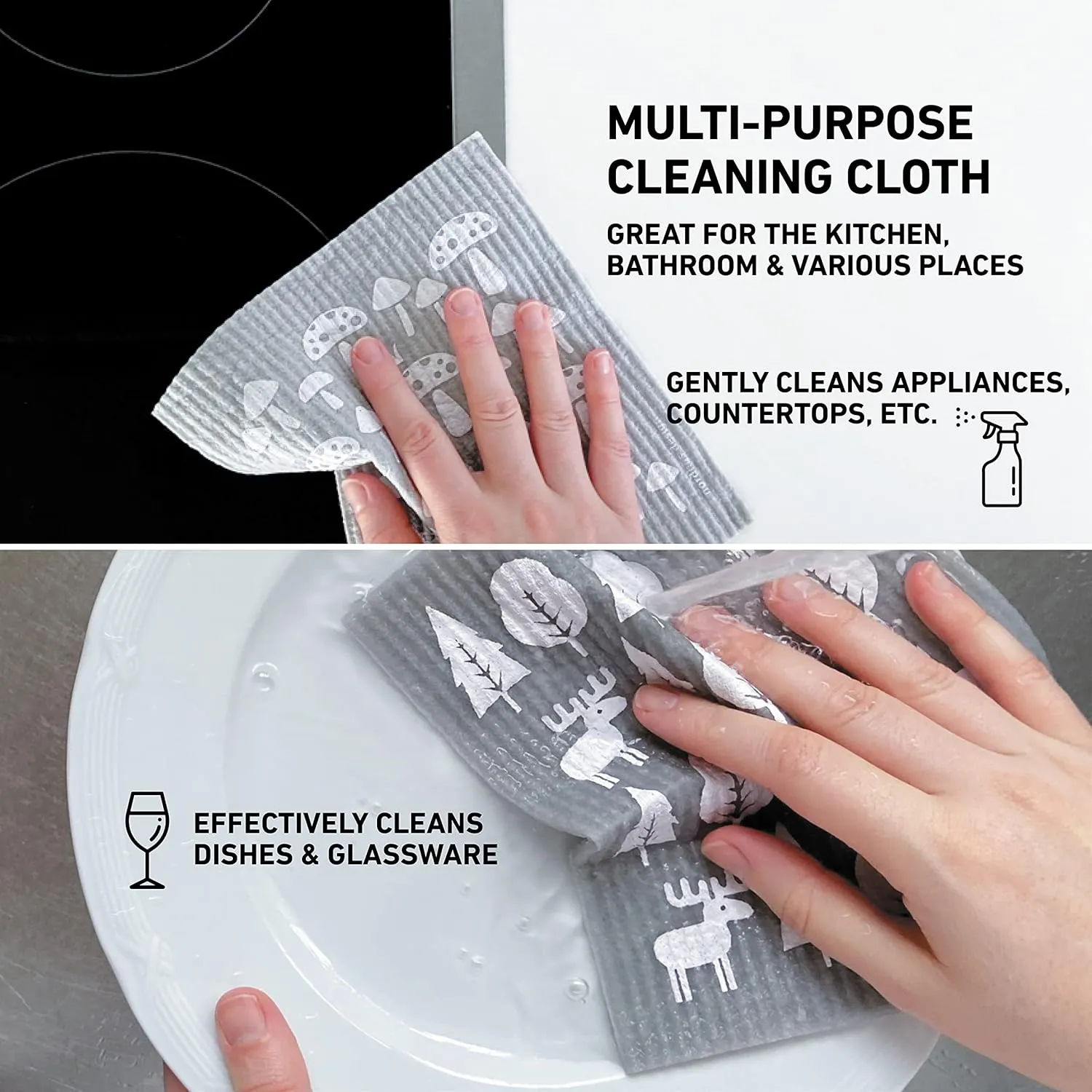Nordhus Design Swedish Dishcloths,10 Grey Cloths, Made in Sweden - Reusable, Washable Cellulose Cotton Kitchen Cloths - Replace Paper Towels, Wipes, Sponges, Dish Rags
