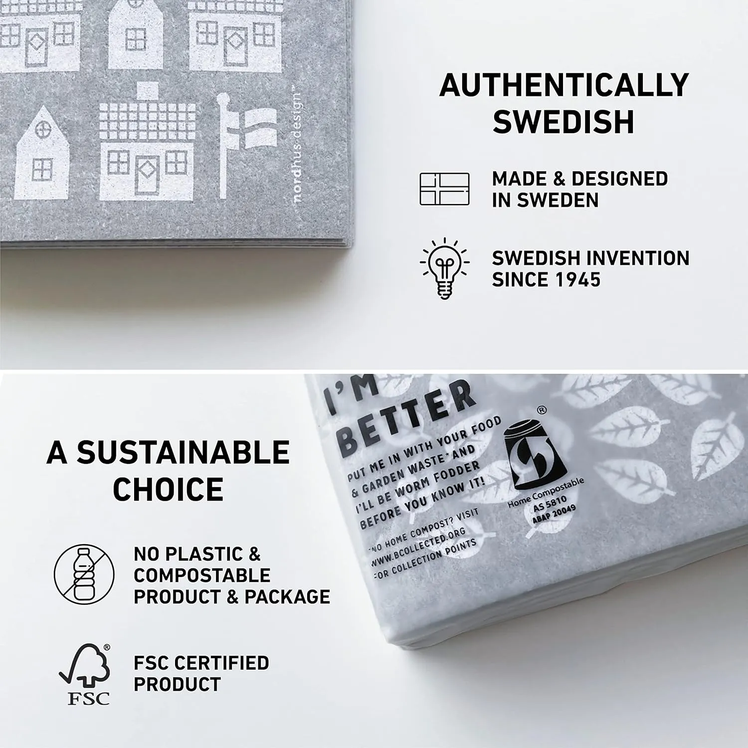 Nordhus Design Swedish Dishcloths,10 Grey Cloths, Made in Sweden - Reusable, Washable Cellulose Cotton Kitchen Cloths - Replace Paper Towels, Wipes, Sponges, Dish Rags