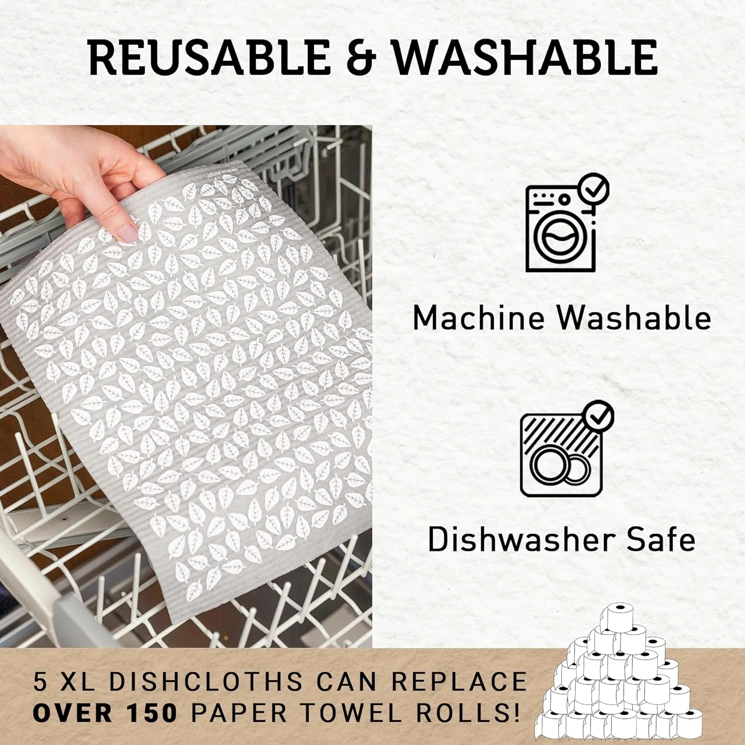 Nordhus Design X-Large Swedish Dishcloths, 5 Grey Cloths, Made in Sweden - 12 x 10 inch Reusable, Washable Cellulose Cotton Kitchen Cloths - Replace Paper Towels, Wipes, Sponges, Dish Rags