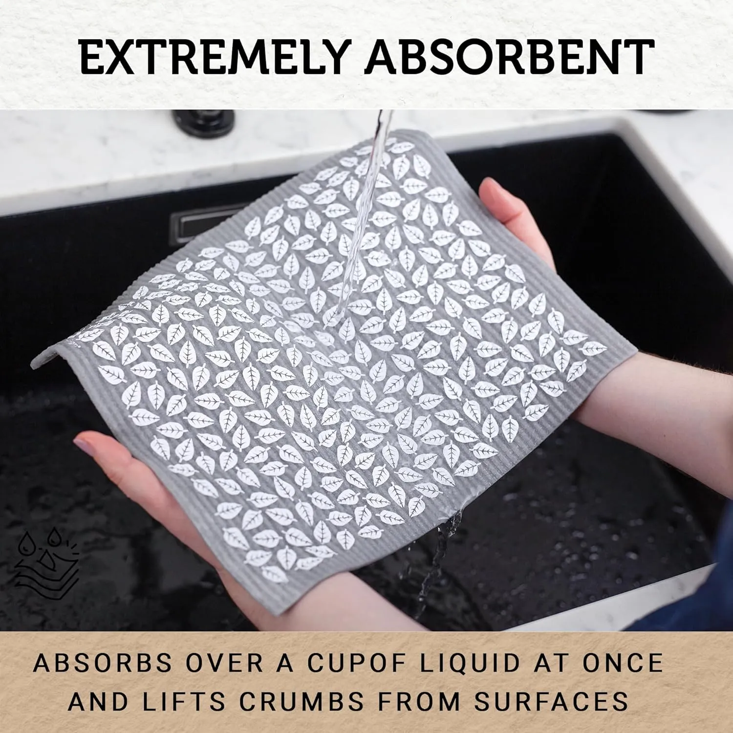 Nordhus Design X-Large Swedish Dishcloths, 5 Grey Cloths, Made in Sweden - 12 x 10 inch Reusable, Washable Cellulose Cotton Kitchen Cloths - Replace Paper Towels, Wipes, Sponges, Dish Rags