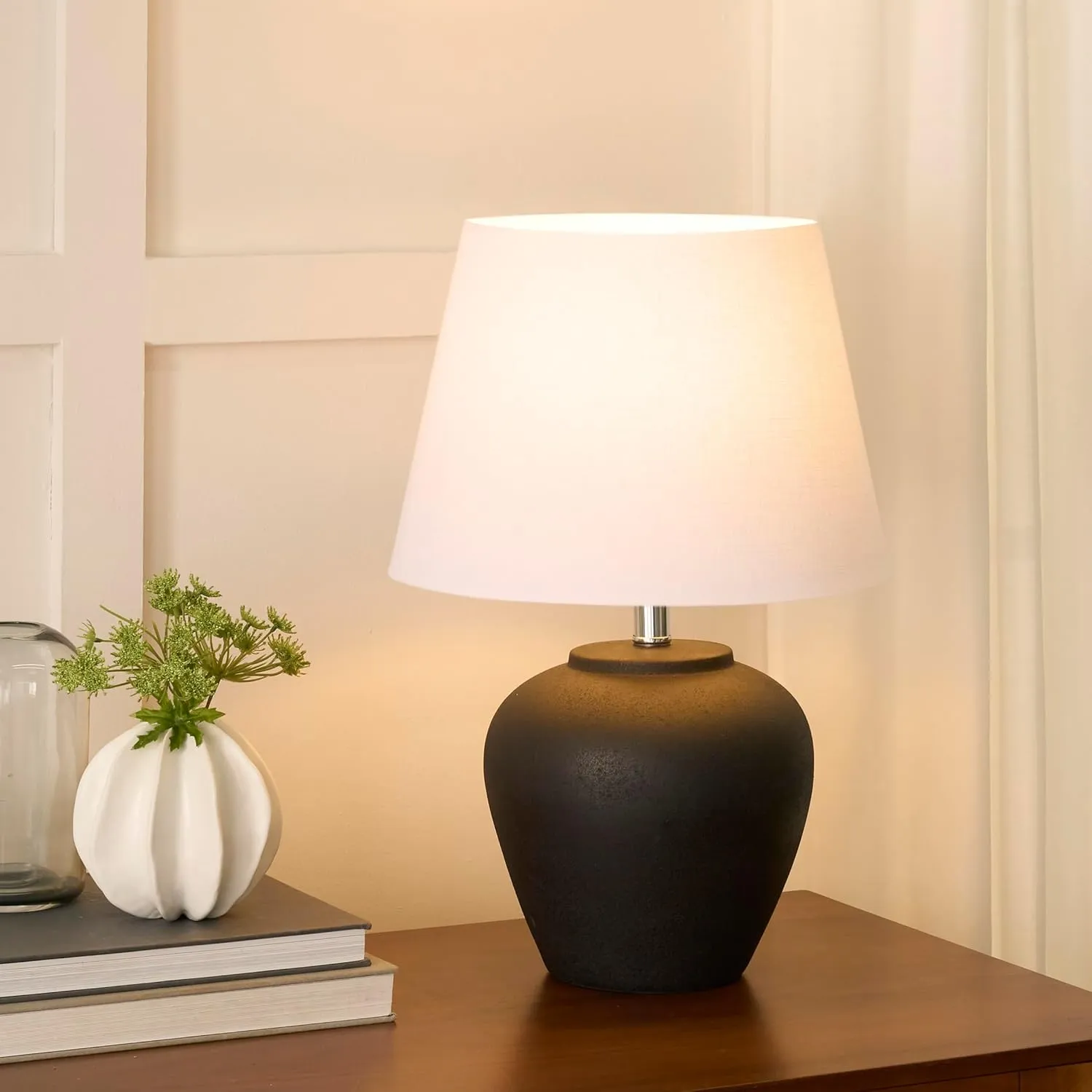 Nourison 20" Black Ceramic Pot Table Lamp for Bedroom, Living Room, Console, Entryway