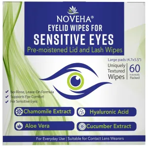 NOVEHA Eyelid Wipes - For Delicate Lashes and Eyelids - With Hyaluronic Acid, Chamomile, and Aloe Vera - Individually Wrapped Pre-moistened Pads (60 Wipes)