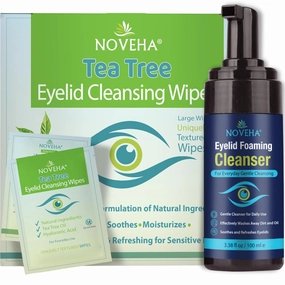 NOVEHA Makeup Cleansing Set – Tea Tree Oil Wipes (60pcs)   Foaming Eyelid Cleanser 3.4oz | Daily Eye Area Cleanser & Makeup Removal Duo