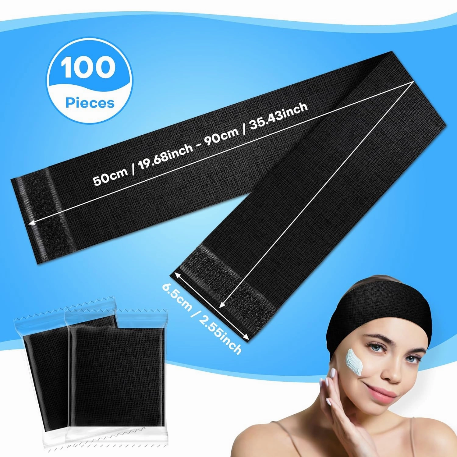 Noverlife 100PCS Disposable Spa Facial Headbands, Stretch Soft Skin Care Hair Band with Adjustable Magic Tape, Non-Woven Fabric Esthetician Headbands for Women Salon Travel Makeup Spa Headwraps