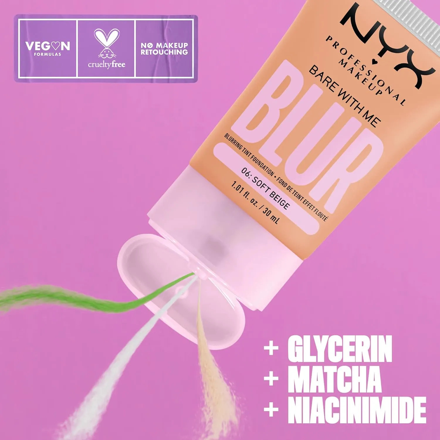 NYX PROFESSIONAL MAKEUP Bare With Me Blur Skin Tint Foundation Make Up with Matcha, Glycerin & Niacinamide - Soft Beige