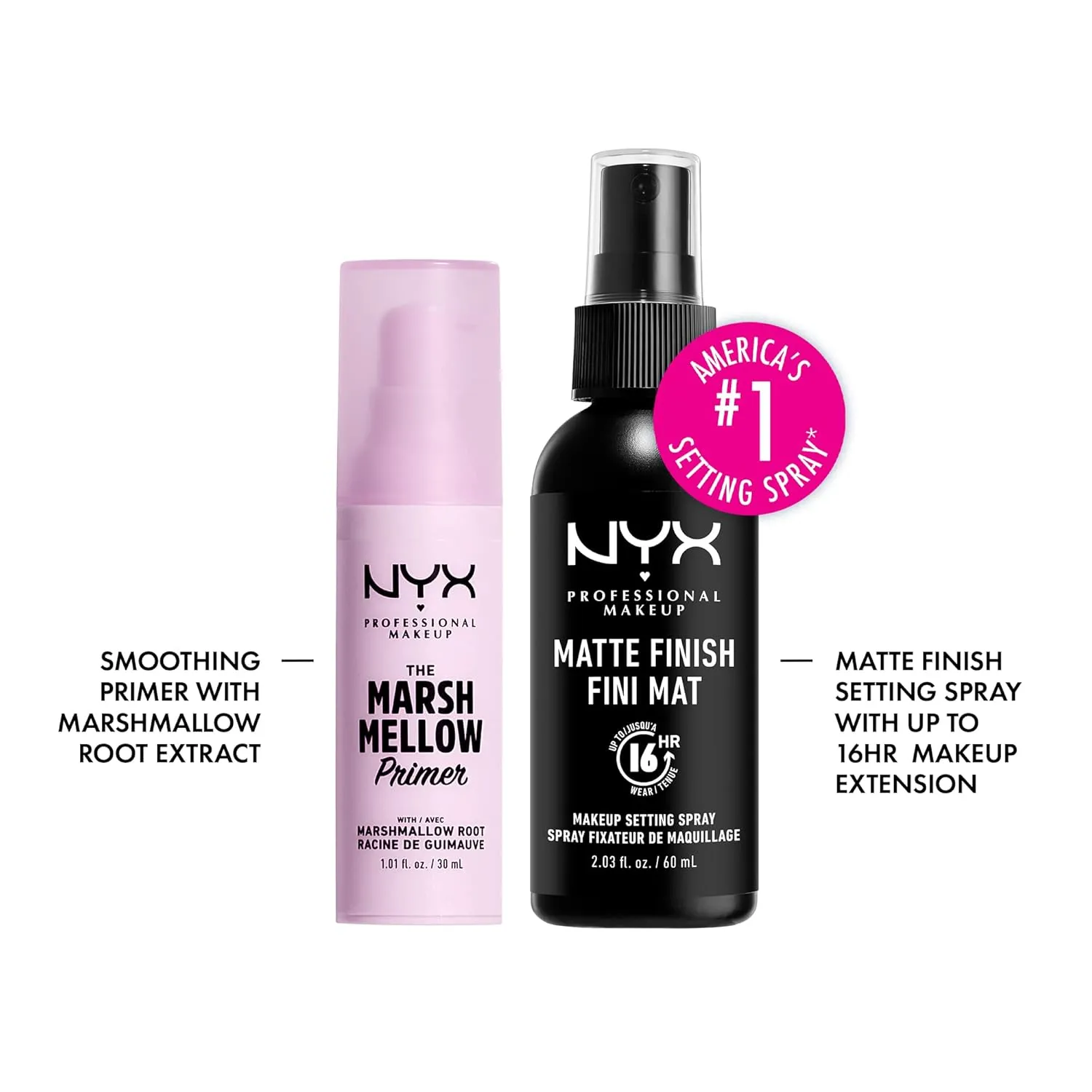 NYX PROFESSIONAL MAKEUP Marshmellow Smoothing Primer   Makeup Setting Spray, Matte Finish, Long-Lasting Face Mist for up to 16HR Wear (Pack of 2)