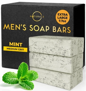 O NATURALS 7.76 oz (3PC) Exfoliating Soap Bar with Dry Mint Leaves - Medium Grit Mens Soap - All Natural Exfoliation Bar Soap for Men - Mint Bar Soap - Face Soap Bar - Moisturizing Mens Face Bar Soap