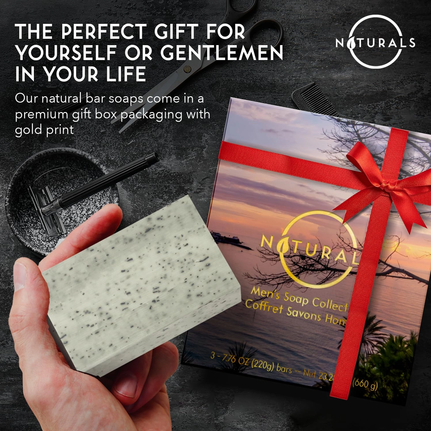 O NATURALS 7.76 oz (3PC) Exfoliating Soap Bar with Dry Mint Leaves - Medium Grit Mens Soap - All Natural Exfoliation Bar Soap for Men - Mint Bar Soap - Face Soap Bar - Moisturizing Mens Face Bar Soap