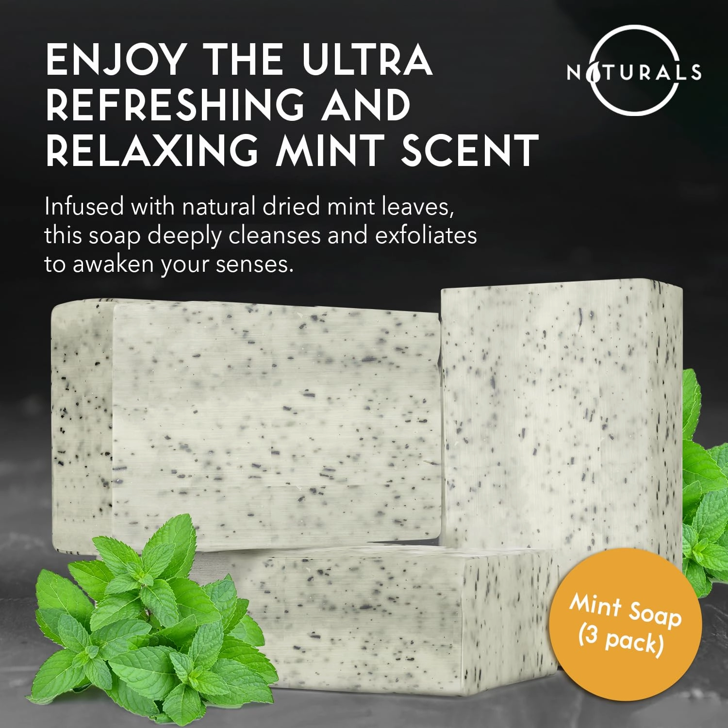 O NATURALS 7.76 oz (3PC) Exfoliating Soap Bar with Dry Mint Leaves - Medium Grit Mens Soap - All Natural Exfoliation Bar Soap for Men - Mint Bar Soap - Face Soap Bar - Moisturizing Mens Face Bar Soap