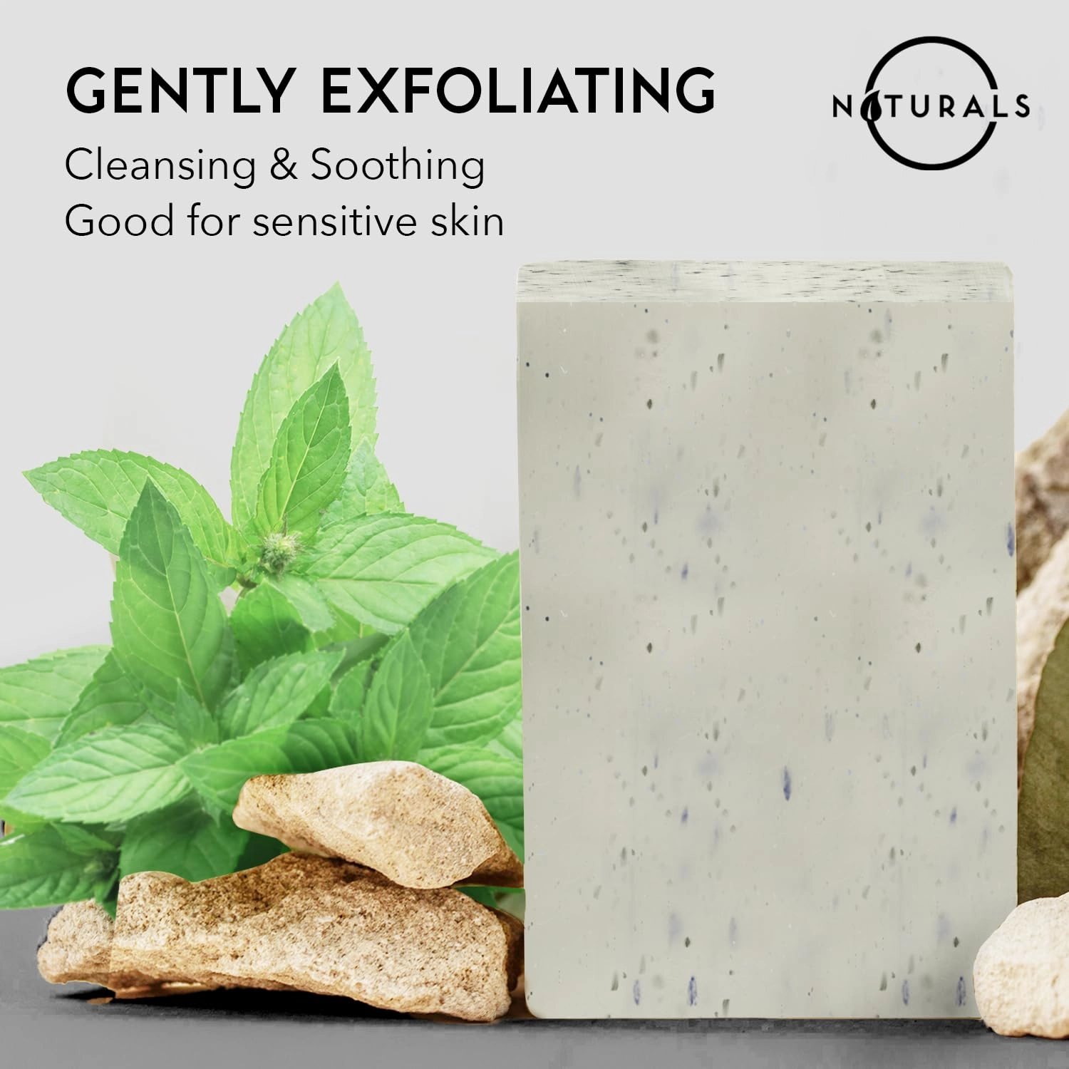 O NATURALS 7.76 oz (3PC) Exfoliating Soap Bar with Dry Mint Leaves - Medium Grit Mens Soap - All Natural Exfoliation Bar Soap for Men - Mint Bar Soap - Face Soap Bar - Moisturizing Mens Face Bar Soap