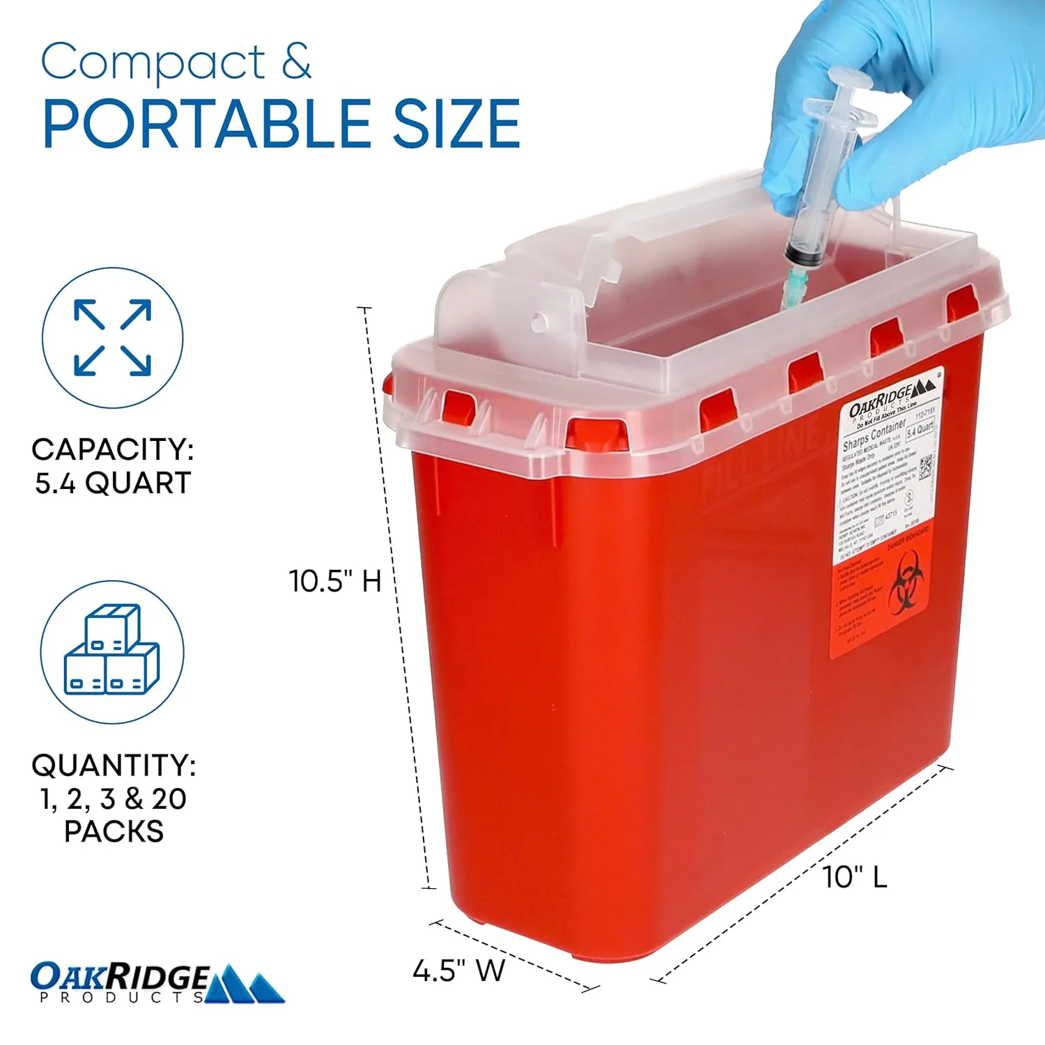 Oakridge Products Transparent Sharps Container for Home Use and Professional 5.4 Quart (1-Pack), Touchless Biohazard Needle and Syringe Disposal, Rotating Lid, CDC Certified