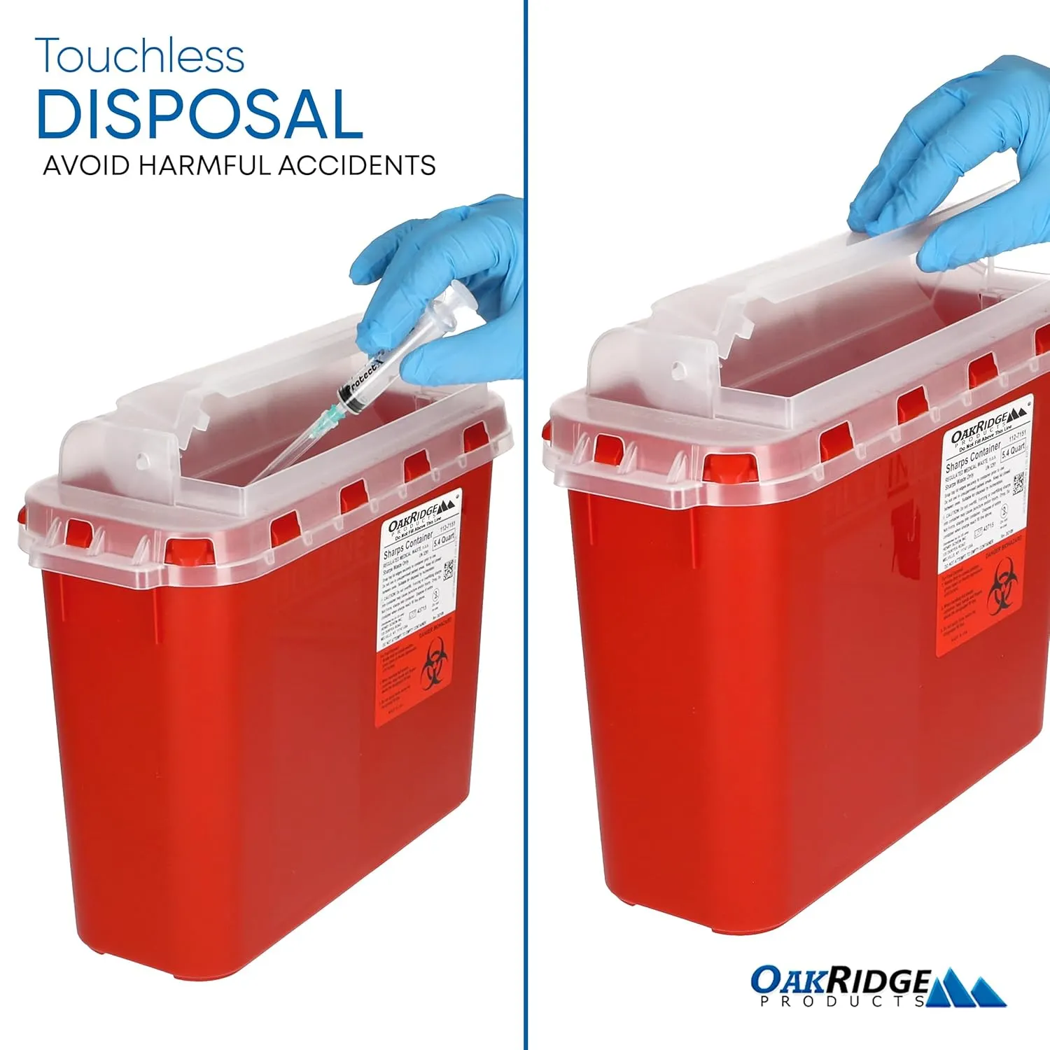 Oakridge Products Transparent Sharps Container for Home Use and Professional 5.4 Quart (1-Pack), Touchless Biohazard Needle and Syringe Disposal, Rotating Lid, CDC Certified