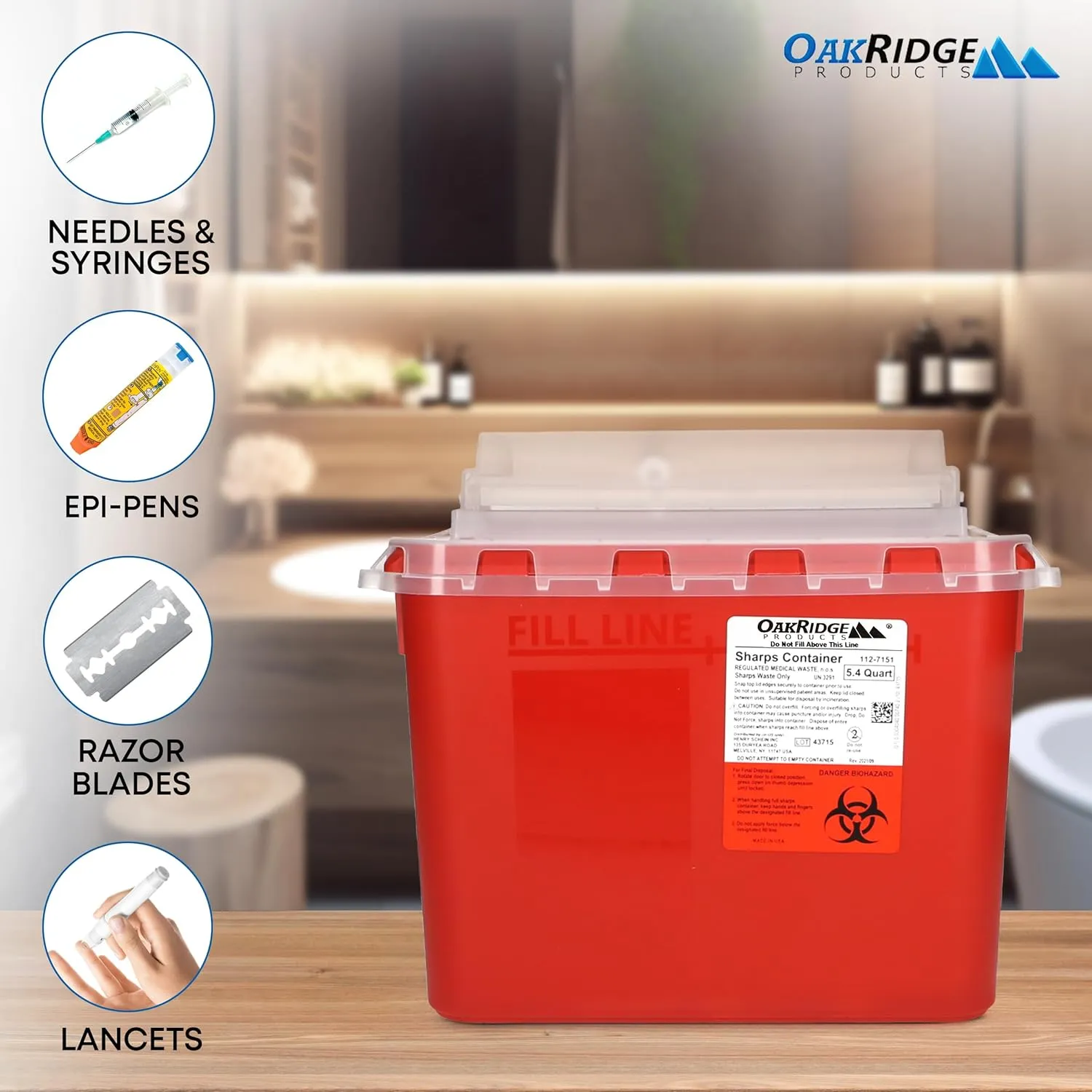 Oakridge Products Transparent Sharps Container for Home Use and Professional 5.4 Quart (1-Pack), Touchless Biohazard Needle and Syringe Disposal, Rotating Lid, CDC Certified