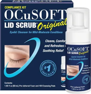 OCuSOFT Lid Scrub Original Compliance Kit - Instant Foaming Eyelid Scrub & Lint-Free Wipes - Daily Eyelid Kit to Remove Oil, Dust, Pollen & Eye Makeup - 1.68 fl oz & 100 Dry Pads