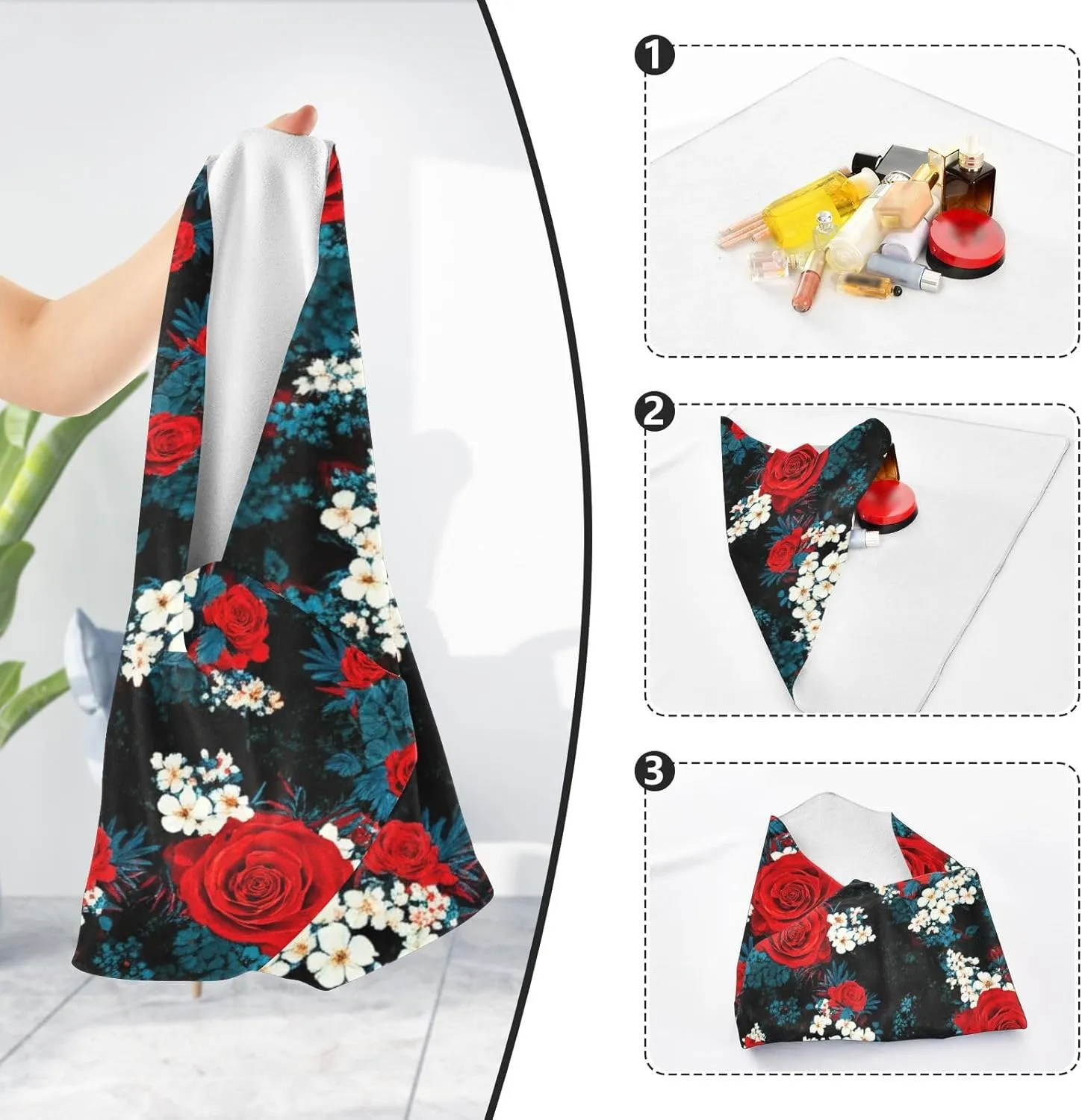 ODAWA Red Roses Self-Adhesive Cloths 17.7X17.7 Inch Travel Makeup Bag Organizer Portable Cosmetic Bag for Travelling