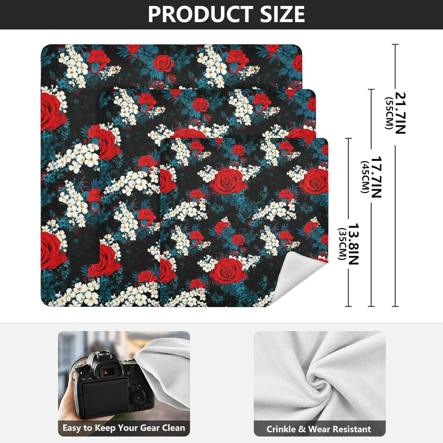 ODAWA Red Roses Self-Adhesive Cloths 17.7X17.7 Inch Travel Makeup Bag Organizer Portable Cosmetic Bag for Travelling