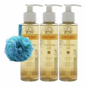 Oil Cleanser For Face, 6 Oz - Oil Makeup Remover Cleanser Bundled With Bath Sponge, Coconut & Argan Oil, Face Oil Cleanser For Women, Hydrating Facial Cleansing Oil [Pack 3]