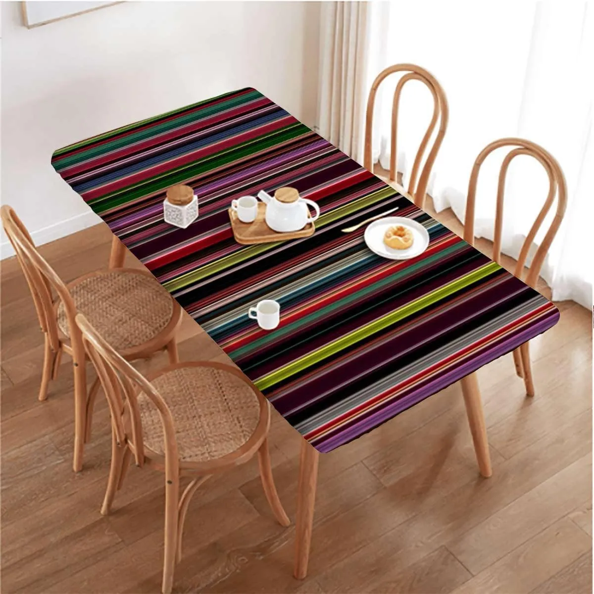OOzie Multicolor Elastic Fitted Tablecloth Vertical Pattern Modern Colored Stripes for Dining Tables,Buffet Parties and Camping Abstract Fits up 4 Foot Tables