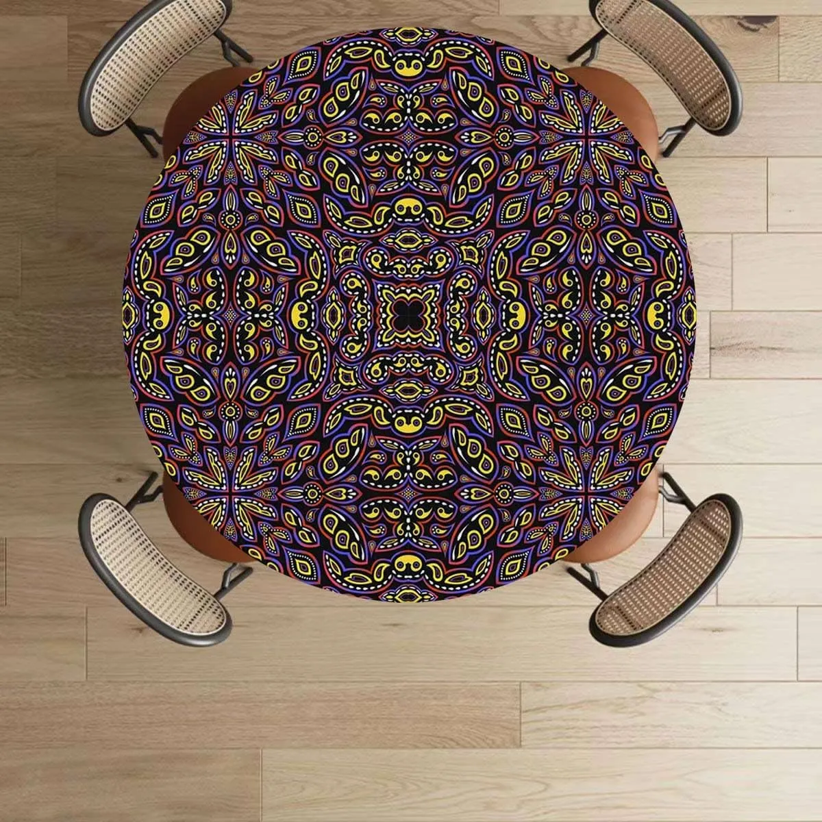 OOzie Multicolor Waterproof Stain Resistant Stretch Tablecloth Rainbow Colored Floral Swirls Pattern Elastic Edge Waterproof Table Cover Table Cloth for Round Table Fits up 45"-50" Diameter Tables