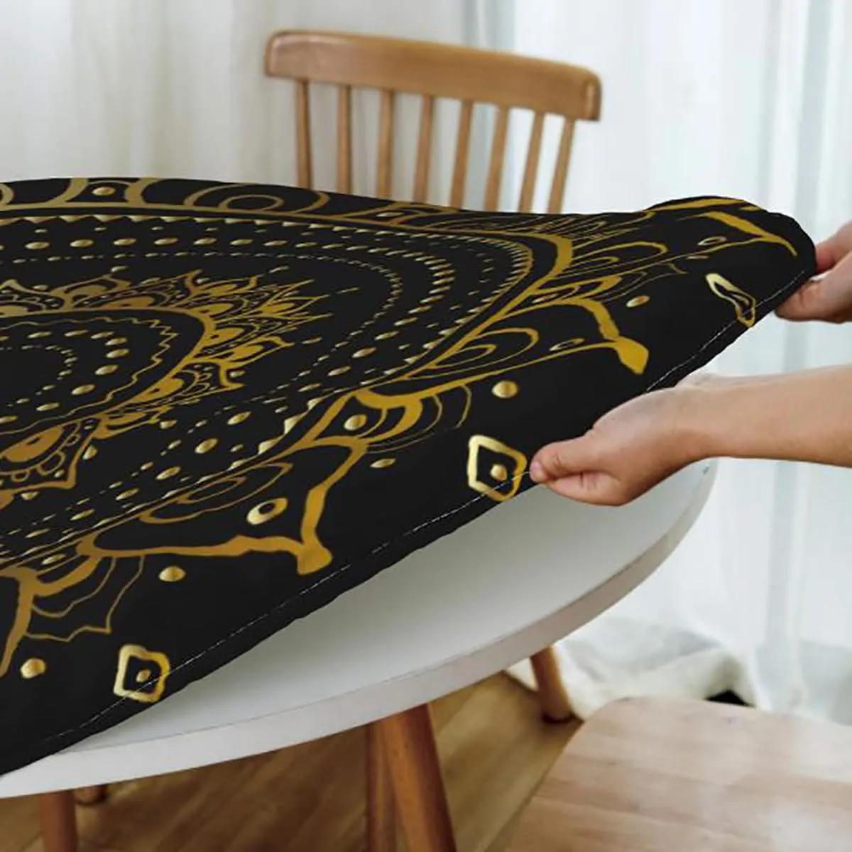 OOzie Multicolor Waterproof Stain Resistant Stretch Tablecloth Rainbow Colored Floral Swirls Pattern Elastic Edge Waterproof Table Cover Table Cloth for Round Table Fits up 45"-50" Diameter Tables