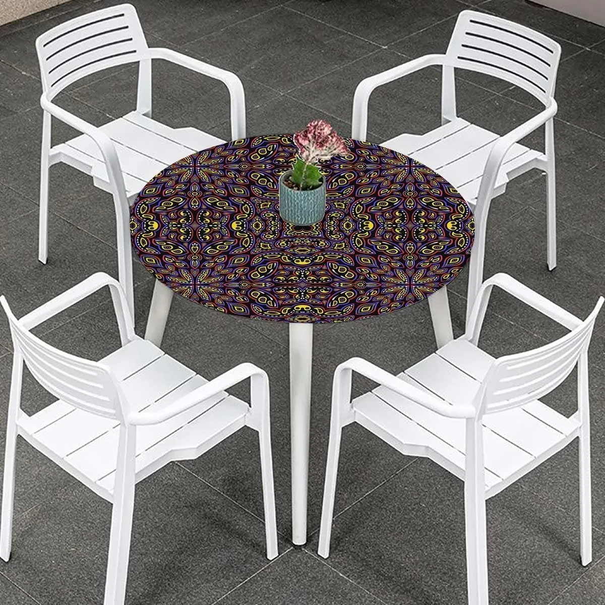 OOzie Multicolor Waterproof Stain Resistant Stretch Tablecloth Rainbow Colored Floral Swirls Pattern Elastic Edge Waterproof Table Cover Table Cloth for Round Table Fits up 45"-50" Diameter Tables