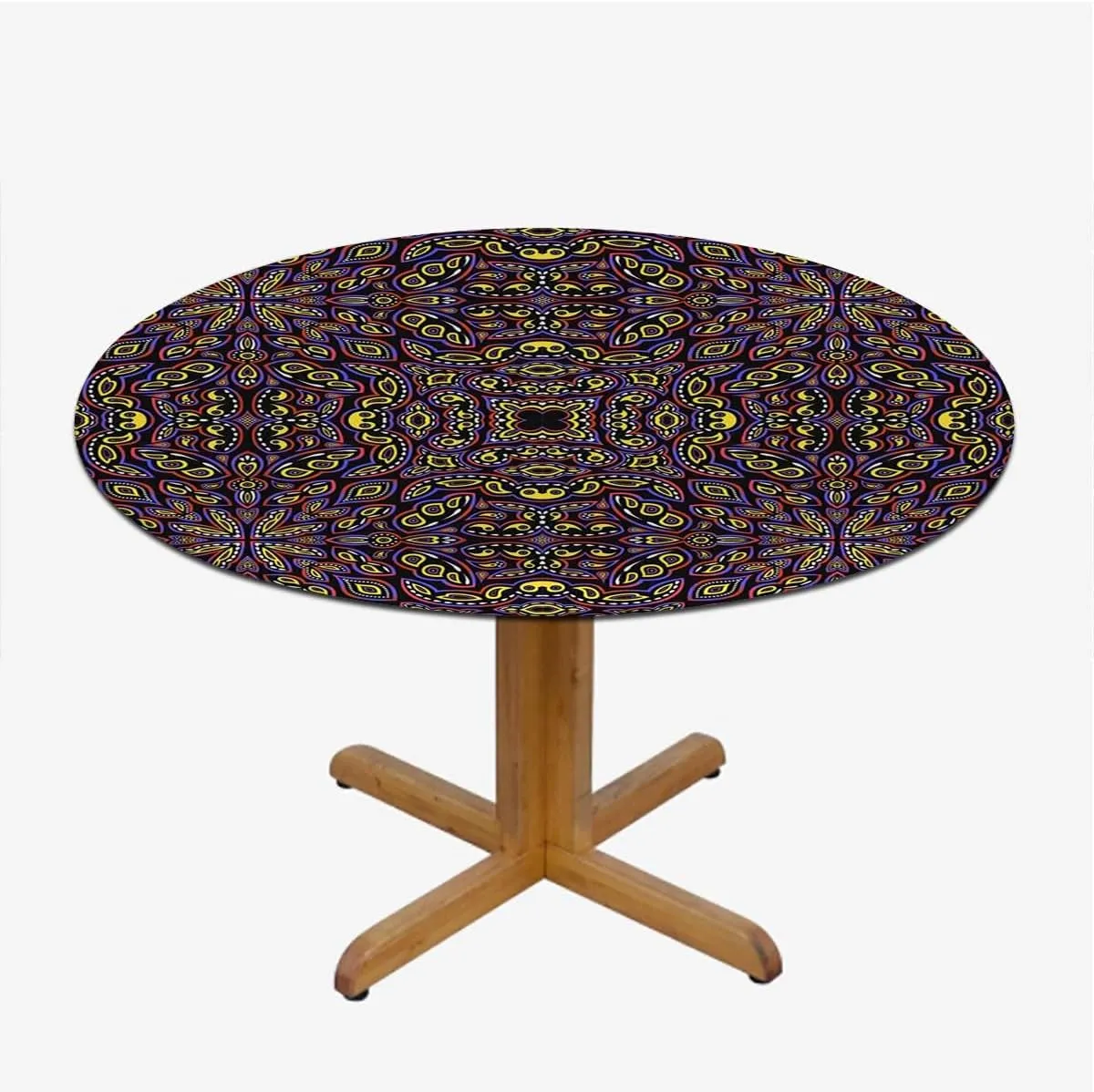 OOzie Multicolor Waterproof Stain Resistant Stretch Tablecloth Rainbow Colored Floral Swirls Pattern Elastic Edge Waterproof Table Cover Table Cloth for Round Table Fits up 45"-50" Diameter Tables