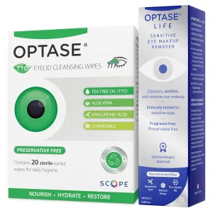 Optase Life Sensitive Eye Makeup Remover Tea Tree Oil Eyelid Wipes, Box of 20