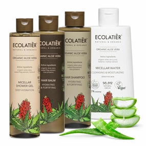 Organic Aloe Vera Skincare & Haircare Bundle - Micellar Water, Shower Gel, Hydrating Shampoo, & Hair Balm - Cleansing, Hydrating, Strengthening, Vegan & Natural