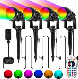 OurLeeme Outdoor LED Landscape Lighting - 4-in-1 RGBW Colored Spotlights for Outside with 36W Transformer, Remote Control Spot Lights Outdoor Low Voltage Landscape Lighting (RGBW)