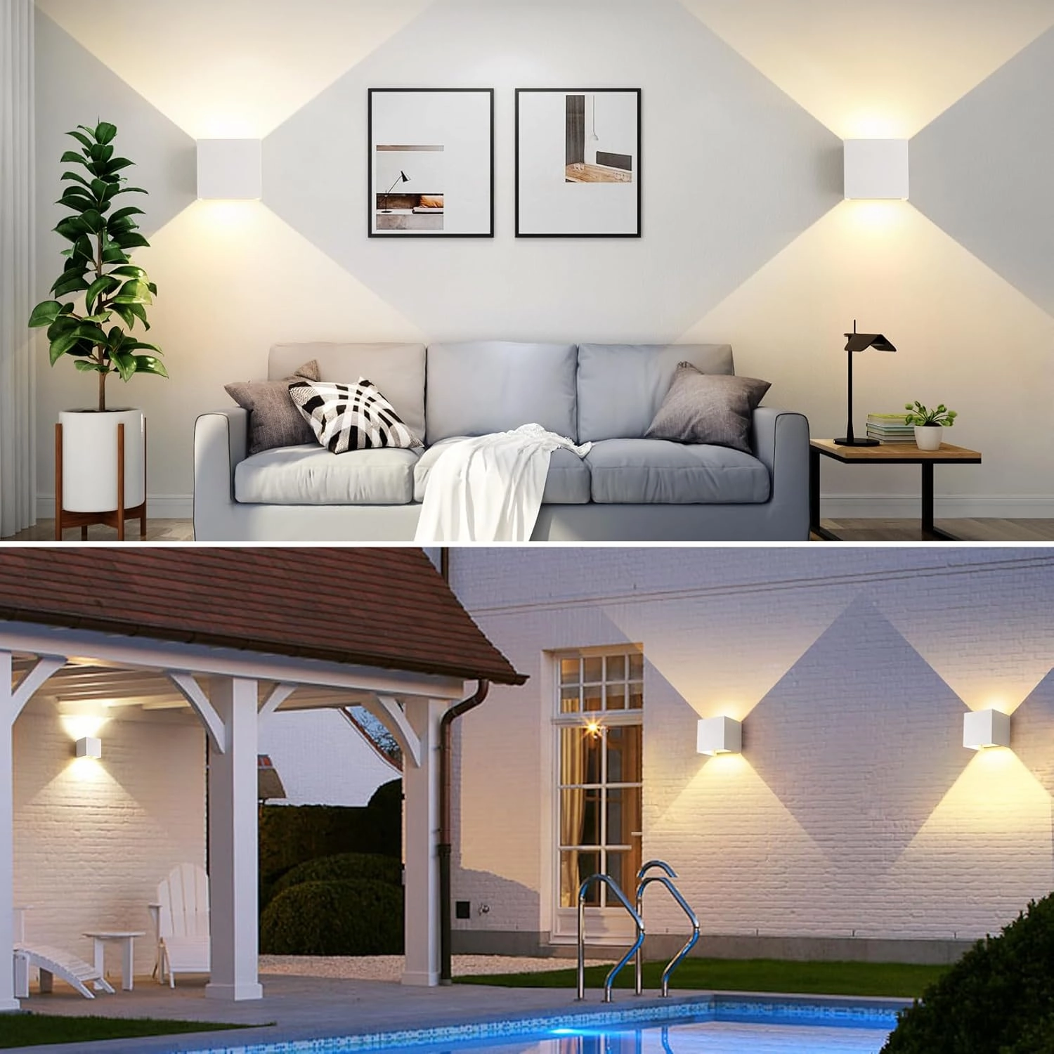 Outdoor Wall Light & Indoor Wall Sconce,Matte White Square Wall Sconces,3-Color-Temperature Dimming and Adjustable Beam,Waterproof & Rust-Resistant,4.33-Inch,15W Wall Lamp for Any Setting Use(2 Pack)