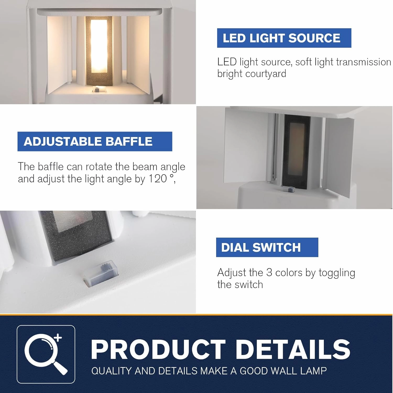 Outdoor Wall Light & Indoor Wall Sconce,Matte White Square Wall Sconces,3-Color-Temperature Dimming and Adjustable Beam,Waterproof & Rust-Resistant,4.33-Inch,15W Wall Lamp for Any Setting Use(2 Pack)