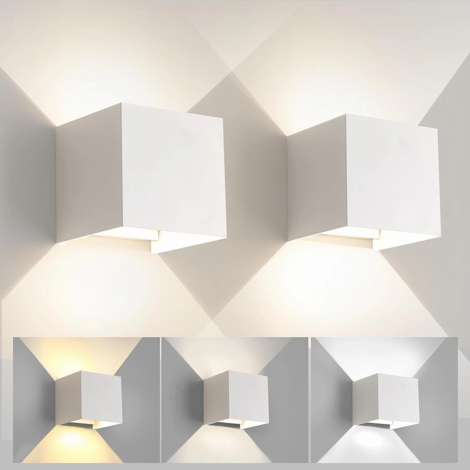 Outdoor Wall Light & Indoor Wall Sconce,Matte White Square Wall Sconces,3-Color-Temperature Dimming and Adjustable Beam,Waterproof & Rust-Resistant,4.33-Inch,15W Wall Lamp for Any Setting Use(2 Pack)